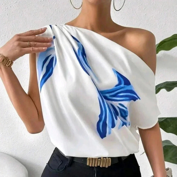 Women's Floral Printed Ruffle Asymmetrical Neck Blouse - Picture 1 of 5